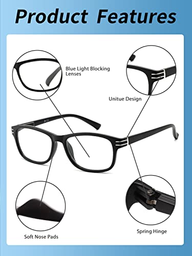 JM - Paquete de 4 Gafas de Lectura con Bloqueo de Luz Azul, Clásicas, Cuadradas, con Bisagras de Resorte, Lectores de Computadora para Hombres y Mujeres +3.0