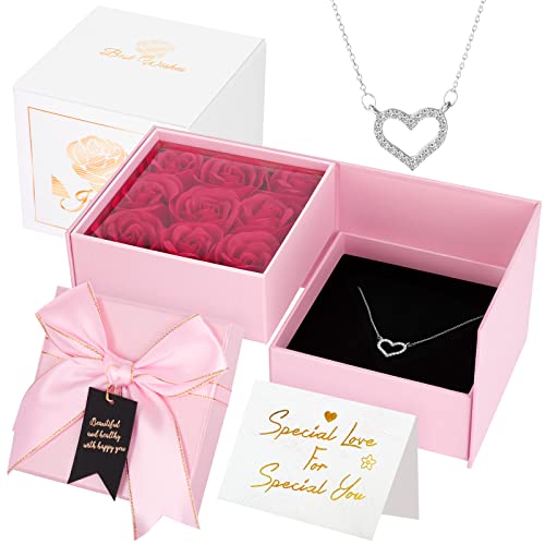 Joyhoop Rosa Eterna Caja Regalo Giratoria, Regalos Originales para Mujer, Rosas Caja de joyería con Collar, Regalos Dia de la Madre, Creativo Regalos Mujer Aniversario Cumpleaños San Valentin.