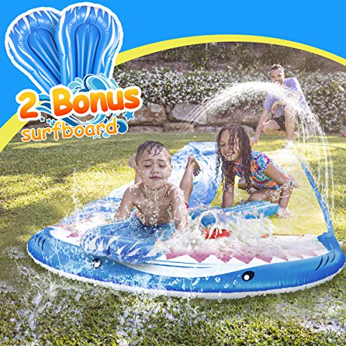 joylink Tobogán de Agua, Juguete jardín resbaladilla de Agua Doble Inflable con 2 Tablas de Bodyboard para Niños Diversión al Aire Libre Juego Acuático, 4.8 x 1.4m