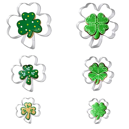 Juego de 6 cortadores de galletas Orpey San Patricio para el día de San Patricio, diseño irlandés de trébol de cuatro hojas de acero inoxidable para el día de San Patricio