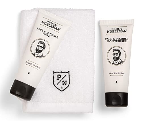 Juego para el cuidado del rostro y la barba Percy Nobleman, de regalo, para hombreJuego con crema hidratante, crema limpiadora y toalla de ducha.