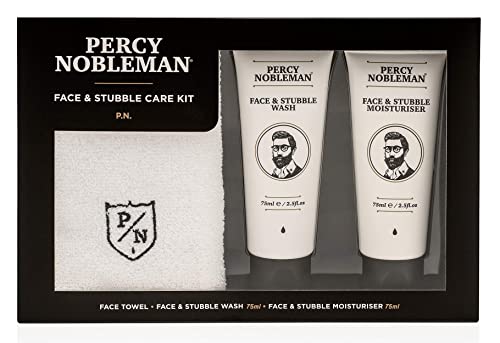 Juego para el cuidado del rostro y la barba Percy Nobleman, de regalo, para hombreJuego con crema hidratante, crema limpiadora y toalla de ducha.