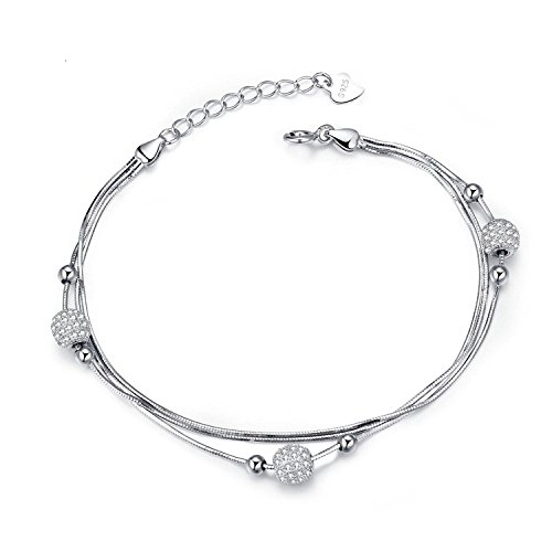 J.Vénus 925 - Pulsera de plata fina para mujer con óxido de circonio redondo, cadena ajustable para boda, regalo para mujeres madres esposas, regalo únicamente, amour(19,5 cm)