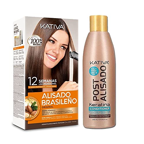 KATIVA Pack Ahorro Kativa Alisado Brasileño + Acondicionador Post Alisado - Tratamiento Profesional En Casa - Hasta 12 Semanas de Duración 60 g