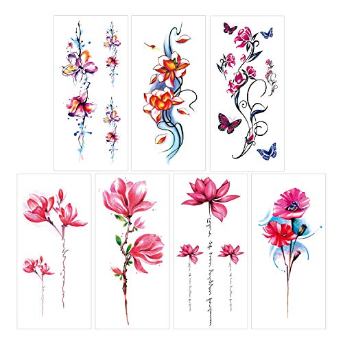 Keleily Tatuajes Temporales de Flores 15 Hojas Tatuajes Falsos Temporales para Adhesivos para Adultos Body Art Tattoo para Mujeres, Niñas, Brazos, Piernas, Espalda, Rosa, Rojo