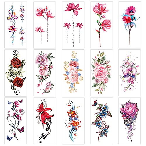 Keleily Tatuajes Temporales de Flores 15 Hojas Tatuajes Falsos Temporales para Adhesivos para Adultos Body Art Tattoo para Mujeres, Niñas, Brazos, Piernas, Espalda, Rosa, Rojo