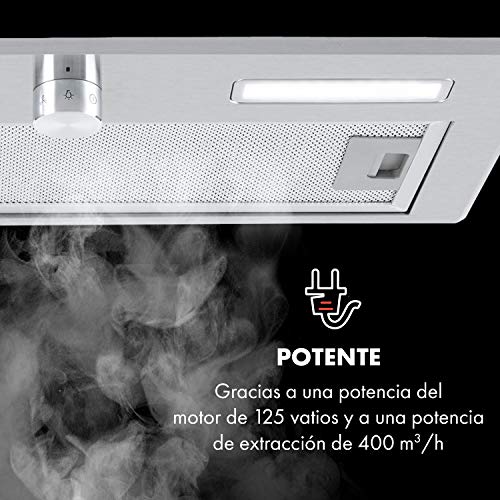 Klarstein Simplica 52 campana extractora - 52 cm de ancho, extracción de 400 m³/h, función de ventilación, botón giratorio, 3 niveles, iluminación LED de 1,5 W, acero inoxidable