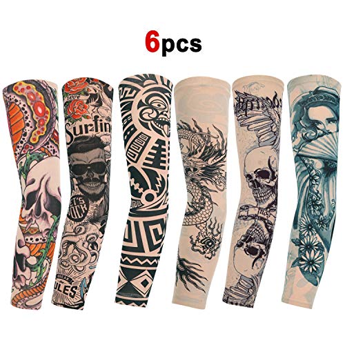 Konsait 6pcs Mangas tatuadas, Mangas Tatuajes Temporales Brazo Medias Falsos Mangas Tatuajes Temporales para Hombres y Mujeres Fiesta de Disfraces