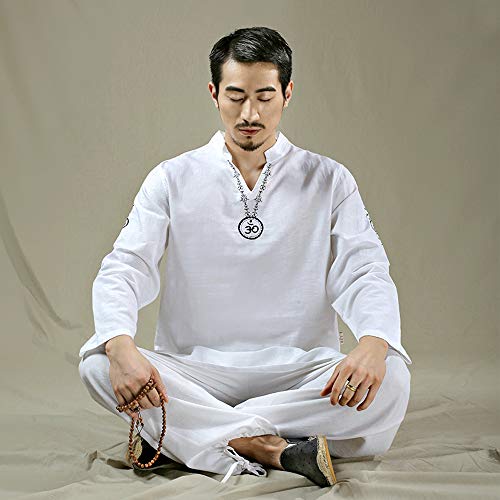 KSUA Traje de Yoga para Hombre con OM Diseño Algodón Zen Traje de meditación Ropa de Artes Marciales de Tai Chi Uniforme Mangas largas, Blanco EU M/Etiqueta L