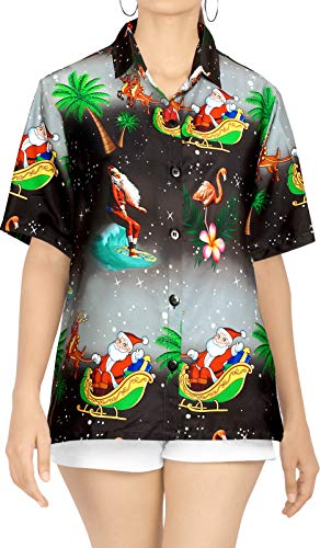 LA LEELA Hawaii Partido Aloha Camisa de la Blusa Mujeres Top Camisa de Santa Claus Santa Claus Christmas Party Shirt Halloween Negro_X176 S - ES Tamaño :- 42-44