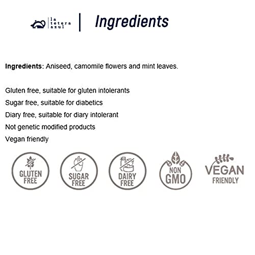 LA TETERA AZUL Infusión Ecológica De Anís Verde, Manzanilla Y Menta. Infusión Orgánica. Digestiva Y Alivio De Gases. Organic Digestive. 20 Bolsitas De 1,5 Gramos.