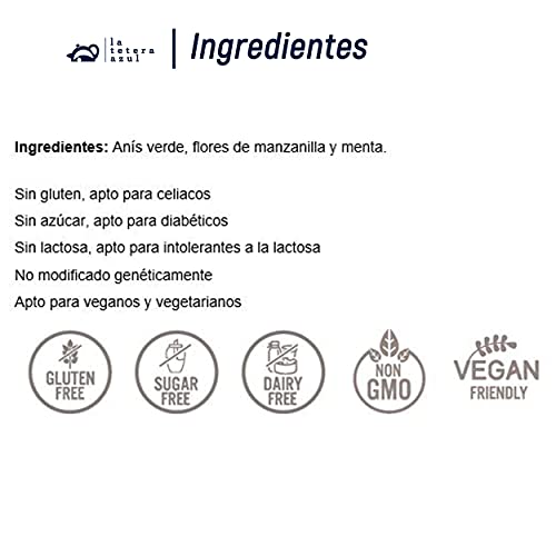 LA TETERA AZUL Infusión Ecológica De Anís Verde, Manzanilla Y Menta. Infusión Orgánica. Digestiva Y Alivio De Gases. Organic Digestive. 20 Bolsitas De 1,5 Gramos.