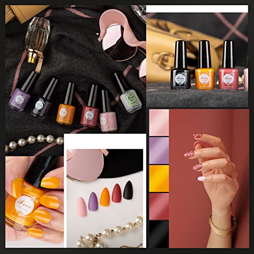 Lacomchir Caja de 6 X 8ML Esmalte de Uñas de Secado Rapido - 5 Colores Pintauñas Normales + 2 In 1 Top Coat y Base Coat, Naranja, Negro, Morado, Rojo, Rosa