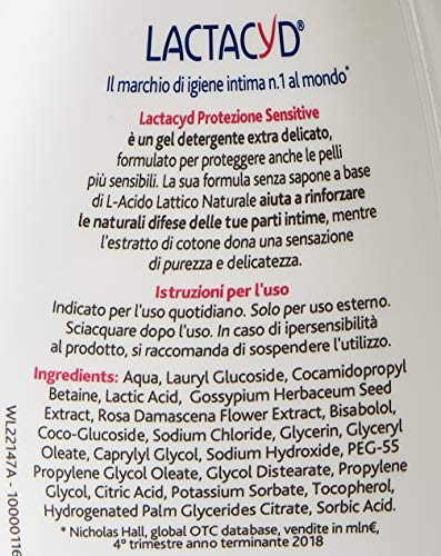 Lactacyd Protección Sensitive – Limpiador de higiene íntima indicado para pieles sensibles, con ácido láctico biotecnológico y extracto de algodón, paquete de 6 piezas (6 x 300 ml)