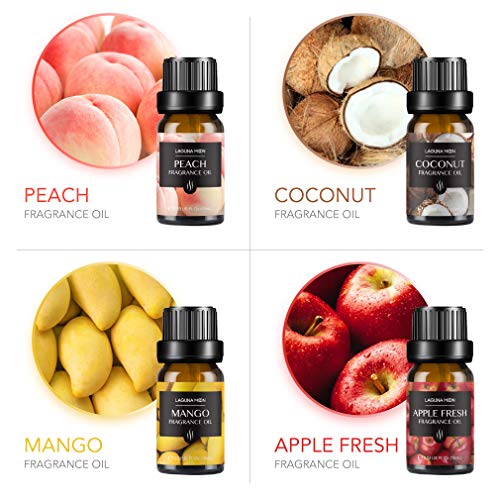 Lagunamoon Aceites de Fragancia, Aceites de Aromaterapia para Difusores, Coco y vainilla, Fresa, Mango, Manzana Fresca, Melocotón, Piña, Naranja, Pomelo, Uva, Coco, 10ml