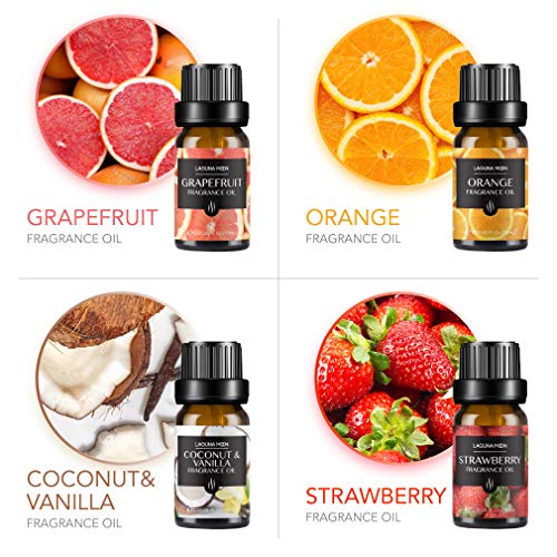 Lagunamoon Aceites de Fragancia, Aceites de Aromaterapia para Difusores, Coco y vainilla, Fresa, Mango, Manzana Fresca, Melocotón, Piña, Naranja, Pomelo, Uva, Coco, 10ml