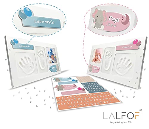 LALFOF® Marco de huellas de bebes ELEPHANT con nombre. Kit para huella de manos y pies para recien nacidos.Ideal como regalos originales para lista de nacimiento niños y niñas