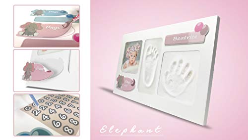 LALFOF® Marco de huellas de bebes ELEPHANT con nombre. Kit para huella de manos y pies para recien nacidos.Ideal como regalos originales para lista de nacimiento niños y niñas