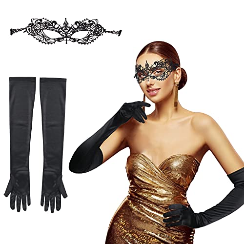 LAMEK 2 Pcs Máscara de Encaje Negro Máscara de Mascarada Veneciano Antifaz Sexy Eye Mask Guantes Elegantes de Retro Accesorios de Disfraces para Mujeres Carnaval Baile Halloween Fiestas Cosplay