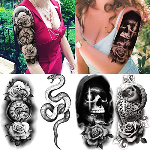 Laroi 22 Hojas Calavera Rosa 3D Tatuajes Temporales Adultos Mujer Flor Serpiente Realista Tatuajes Temporales Niñas Brújula Reloj Cruz Tatuajes Falsos Adhesivos Brazo Cuello Antebrazo Arte Corporal
