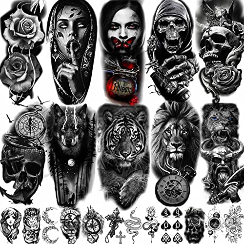 Laroi 22 Hojas Cráneo Aterrador Tatuajes Temporales Adultos Mujer Negro León Tigre Lobo Rosa Flor Esqueleto Halloween Tatuajes Temporales Hombre Brazo Antebrazo Tatuajes Falsos 3D Realistas Adhesivos