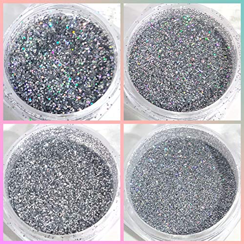 Laza 8 colores brillantes uñas acrílicas en polvo mixto pulido con lentejuelas iridiscentes copos paillette Sparkles Set de consejos para cosméticos, festivales, cabello corporal, plata láser