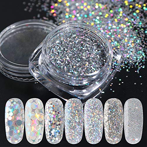 Laza 8 colores brillantes uñas acrílicas en polvo mixto pulido con lentejuelas iridiscentes copos paillette Sparkles Set de consejos para cosméticos, festivales, cabello corporal, plata láser