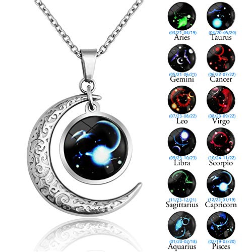 LEJAHAO Constelaciones Collar Virgen Los Signos del Zodiaco con Colgante Luna Horoscopo Personalizado Largos Gargantilla Cadenas Moon Necklace Joyas Acero Inoxidable por Hombres Mujeres Chico Niña