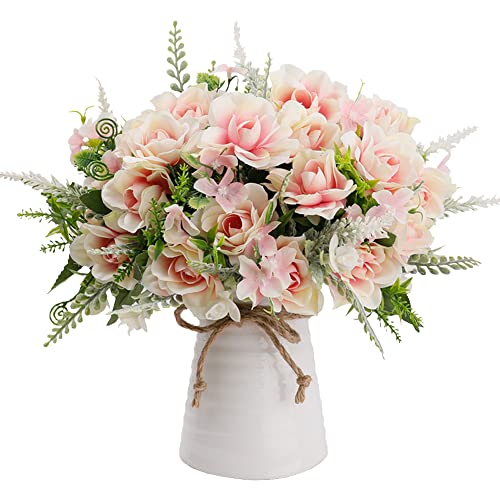 LESING Flores Artificiales Gardenia de Seda con Modernos Ceramica Jarrones de Flores para 3 Piezas de Ramo Novia para Centro de Mesa Decoración, Oficina, Hogar, Cocina, Regalo - Rosado