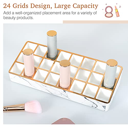 Lewondr Caja de Almacenamiento de Cosméticos, 23x9CM Organizador de Maquillaje con 24 Compartimentos, Estuche Multifuncional con Borde Dorado para Guardar Lápiz Labial, Esmalte de Uñas, Mármol Blanco