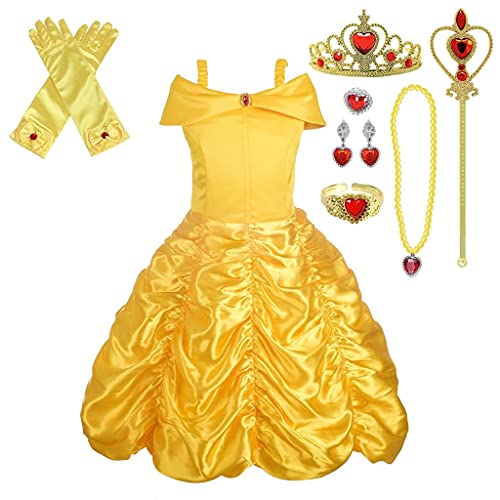 Lito Angels Vestido de Princesa Belle Disfraz la Bella y la Bestia con Corona y Accesorios para Niñas Talla 10-11 Años, Amarillo 077