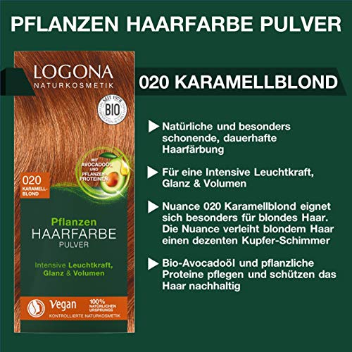 LOGONA Naturkosmetik Tinte vegetal en polvo para el cabello, 020 Rubio Caramelo, con aceite de aguacate, vegano y natural, con henna, 2 unidades de 100 g