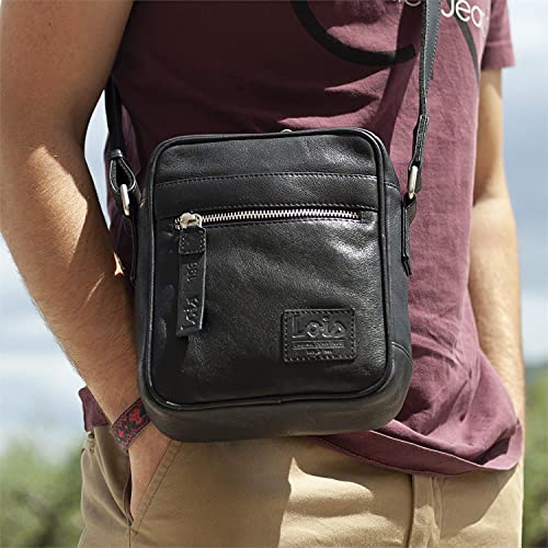 Lois - Bolso Hombre Bandolera Piel Pequeño - Bolso de Hombro de Piel Cuero Auténtico de Marca LOIS - Bolsito Hombre Piel para Uso Casual, Trabajo o Viaje 305919, Color Negro