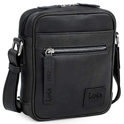 Lois - Bolso Hombre Bandolera Piel Pequeño - Bolso de Hombro de Piel Cuero Auténtico de Marca LOIS - Bolsito Hombre Piel para Uso Casual, Trabajo o Viaje 305919, Color Negro