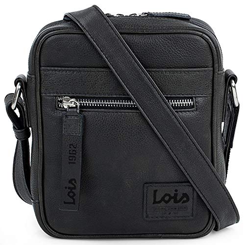 Lois - Bolso Hombre Bandolera Piel Pequeño - Bolso de Hombro de Piel Cuero Auténtico de Marca LOIS - Bolsito Hombre Piel para Uso Casual, Trabajo o Viaje 305919, Color Negro