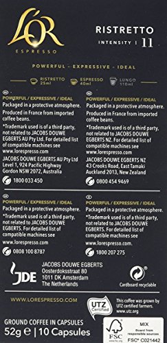 L'Or Espresso Café Ristretto Intensidad 11 - 100 cápsulas de aluminio compatibles con máquinas Nespresso (R)* (10 Paquetes de 10 cápsulas)