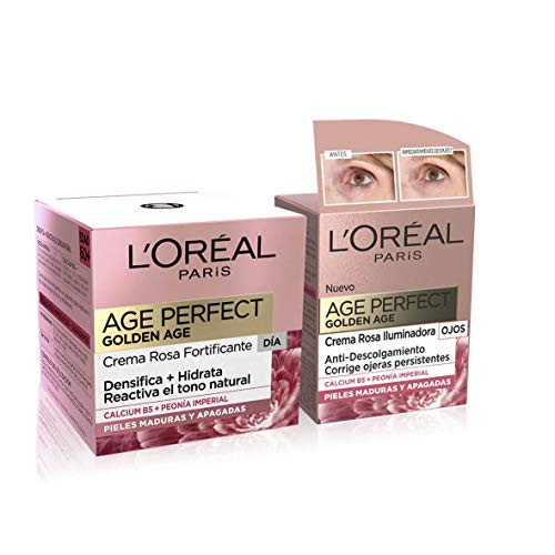 L'Oréal Paris Age Perfect Golden Age Set de Crema de Día Fortificante de Rosas y Contorno de Ojos Antiojeras, Antiarrugas y Luminosidad, Pieles Maduras y Apagadas, 50 ml y 15 ml