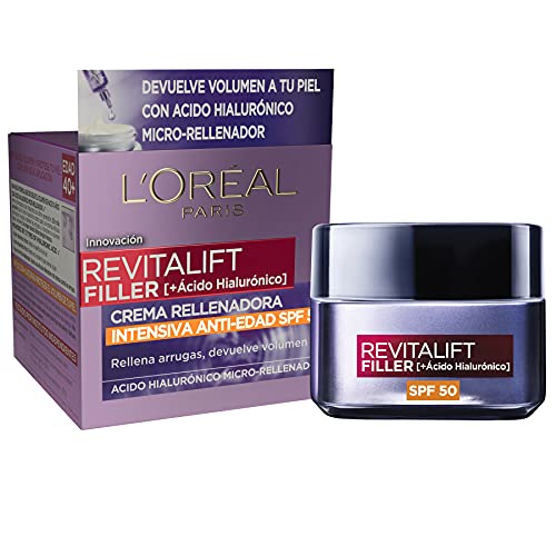 L'Oréal Paris Crema Rellenadora Intensiva Revitalift Filler Con Ácido Hialurónico Y Spf, Que Devuelve 10 Años De Volumen, Protegiendo De Los Rayos Uvb Y Uva, 50 Mililitro