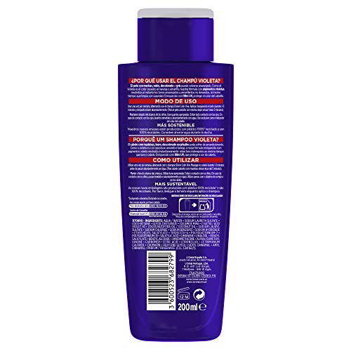 L'Oreal Paris Elvive Color Vive Champú Violeta Matizador, Para Pelo con Mechas, Decolorado o Gris, Anti-Efecto Anaranjado, Pack de 4 unidades x 200 ml, Total 800 ml