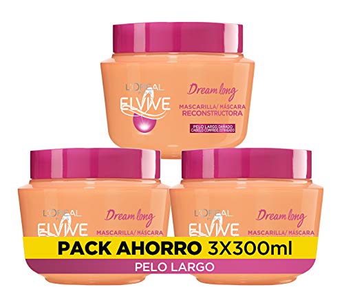 L'Oréal Paris Elvive Dream Long Mascarilla Reconstructora, Para Pelo Largo y Dañado, Pack de 3 Unidades x 300 ml, Total: 900 ml