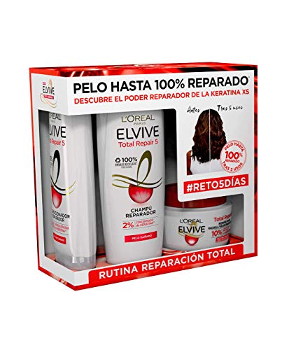 L'Oreal Paris Elvive Total Repair 5 Pack Reparación Total Champú Reparador 370ml y Mascarilla Reparadora 300ml y Acondicionador Reparador 300 ml