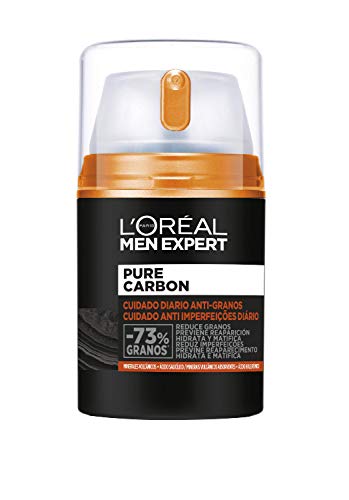 L'Oréal Paris Men Expert Crema Cuidado Diario Anti-Granos Pure Carbon, Reduce Imperfecciones, Hidrata y Matifica el Rostro, Con Minerales Volcánicos y Ácido Salicílico, 50 ml