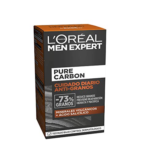 L'Oréal Paris Men Expert Crema Cuidado Diario Anti-Granos Pure Carbon, Reduce Imperfecciones, Hidrata y Matifica el Rostro, Con Minerales Volcánicos y Ácido Salicílico, 50 ml