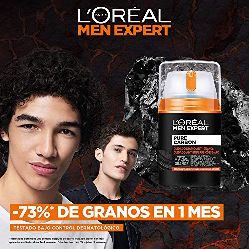 L'Oréal Paris Men Expert Crema Cuidado Diario Anti-Granos Pure Carbon, Reduce Imperfecciones, Hidrata y Matifica el Rostro, Con Minerales Volcánicos y Ácido Salicílico, 50 ml