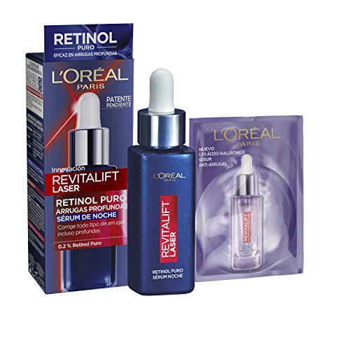 L'Oréal Paris Sérum de Noche Revitalift Laser con Retinol Puro, Cuidado Antiedad, Corrige Arrugas Profundas, Incluye 3 Muestras de Sérum de Ácido Hialurónico Revilatift Filler