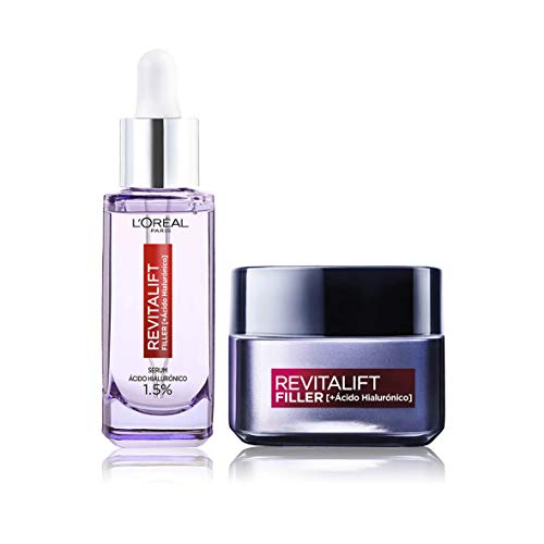 L'Oréal Paris, Set de Sérum Antiarrugas + Crema de Día, con Ácido Hialurónico Puro Revitalift Filler, Suero y Crema Facial Antiarrugas, Pieles Maduras, 30 ml + 50 ml