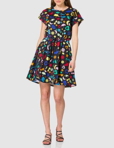 Love Moschino Fleece Dress Printed in Allover Multicolor Symbols Print, with Short Sleeves, Flared Skirt and Elastic Belt. Vestido Casual, All.Symbol F.ne, 46 para Mujer