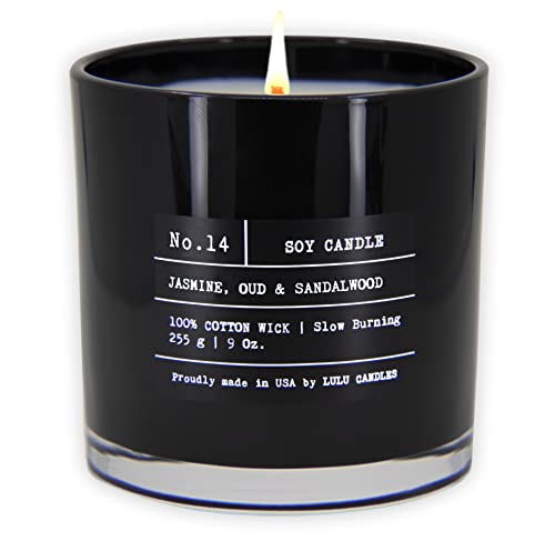 Lulu Candles Jazmín, Oud Y Sándalo | Vela De Tarro De Soja Perfumada De Lujo | Vertido A Mano En Los EE.UU. Altamente Perfumado Y Duradero- 9 Oz. Sin Tapa