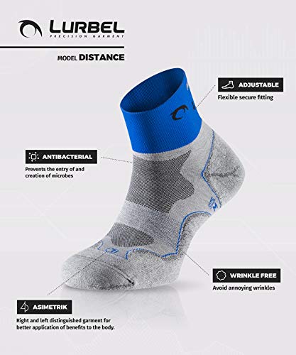 Lurbel Distance - Calcetines cortos para correr y deporte, antibacterianos, transpirables, con acolchado y protección contra ampollas, para hombre y mujer, color azul y gris, tamaño 39-42/ Medium