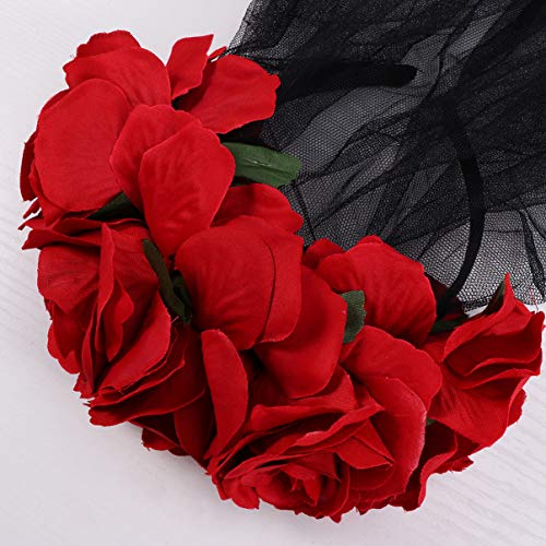 Lurrose rosa flor corona velo corona de cabello diadema floral disfraz de halloween tocado mexicano accesorios para el cabello para mujeres niñas rojo